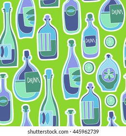 Different cartoon bottles. Vector seamless pattern.
