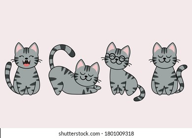 Different cartoon cat characters set, poses and emotions. eps 10 vector.