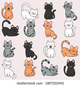 Different cartoon cat characters set, poses and emotions. eps 10 vector.