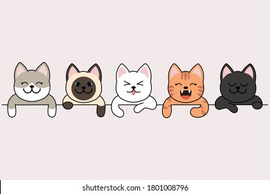 Different cartoon cats front border set, poses and emotions. eps 10 vector.