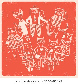 Different cartoon cats. Red background.