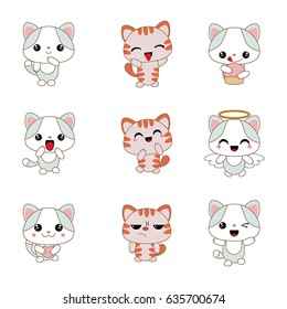 Different cartoon cats set. Anime style. Collection of cute characters.