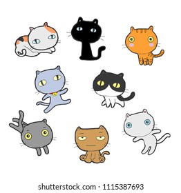 Different cartoon cats set. doodle cats with different emotions. Cat handmade. Isolated cat for design. vector illustration.