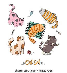 Different cartoon cats set. Flat style vector illustration.