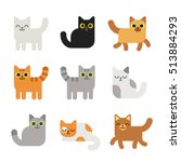 Different cartoon cats set. Simple modern geometric flat style vector illustration.