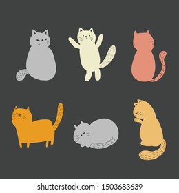 Different cartoon cats set. Simple modern geometric flat style vector illustration.