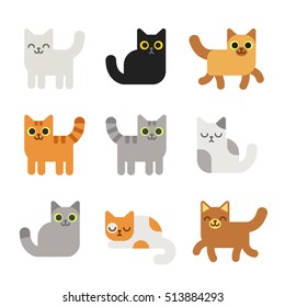 Different cartoon cats set. Simple modern geometric flat style vector illustration.