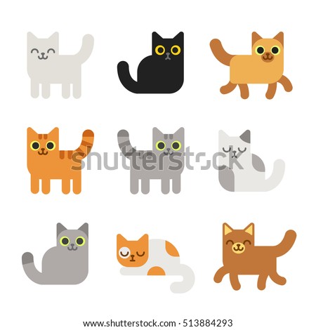 Different cartoon cats set. Simple modern geometric flat style vector illustration.