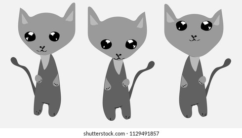 Different cartoon cats set. Vector illustration of grey-blue kittens with big eyes.