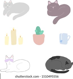 Different cartoon cats set.Colorful vector cat illustration in flat style.Cute doodle cats sleeping in various positions.Cute cats and plants tea and candle.vector set of cat.Hand drawn doodle.