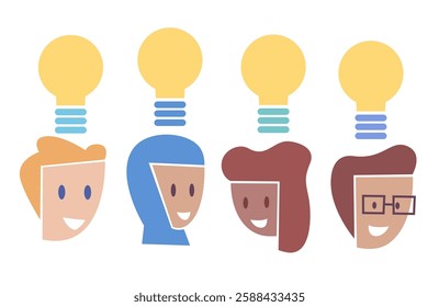 Different cartoon characters having innovative ideas. Teamwork and creativity concept. Vector illustrations, isolated on a white background.