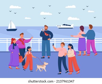 Different cartoon characters walking along the quay or seaside. Seagulls in sky, boats at sea or in ocean flat vector illustration. Vacation, summer concept for banner, website design or landing page