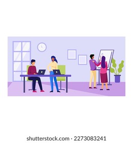 Diferentes personajes de caricatura trabajando juntos en el cargo. Gente discutiendo ideas para un nuevo proyecto. Entorno de trabajo compartido. Hora de reunión de negocios. Vector
