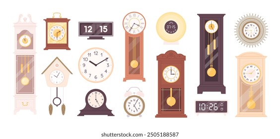 Verschiedene Cartoon-Uhren. Mechanische Uhren im Retro-Stil, moderne digitale elektrische Uhr. Vintage-Zeit-Messelemente, rassige Vektorgrafik