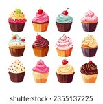 Different cartoon cupcakes set. Delicious muffins collection. Cupcake with chocolate, pink cream, cherry, strawberry 