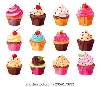 Different cartoon cupcakes set. Delicious muffins collection. Cupcake with chocolate, pink cream, cherry, strawberry 