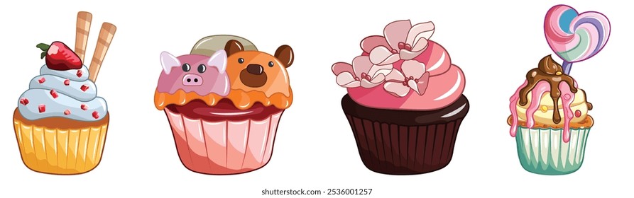 Diferentes cupcakes de dibujos animados. Deliciosa colección de muffins. Magdalena.