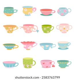 Different cartoon cups. Adorable teacup with cute girly design. Plastic crockery for girl play, cup with decorations and prints. Fairytale mugs nowaday vector set