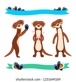 Different cartoon cute otters set. ribbon with mussels. flat vector illustration.
