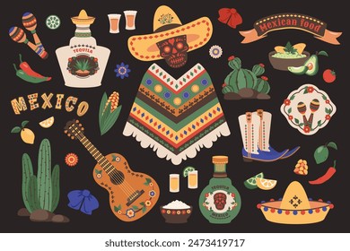 Different cartoon elements of mexican culture. Mexican food, hat, skull, guitar, kitchen. Set of hand drawn doodle stickers. Symbols for decorations party, carnival, holiday. Vector illustration