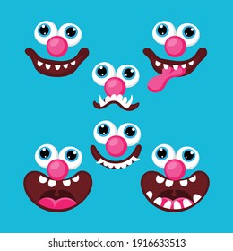 Different Cartoon Face with big eyes vector illustration. isolated with hand drawn style
