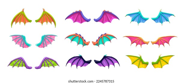 Different cartoon fantasy wings set. Dragon, devil, bat wing icons. Isolated vector elements.