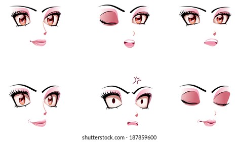 Different cartoon female facial expression, manga style.