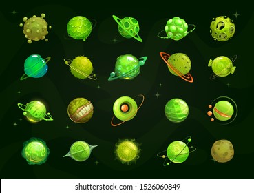 Different cartoon green alien planets set. Funny fantasy planet on the cosmos background. Big bundle for cosmic GUI design. Vector space assets for games.