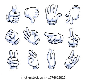 Unterschiedliche Cartoon-Hände in weißen Handschuhen flach Symbol Set. Menschliche Hand, die mit dem Finger zeigt, winkt, zeigt, und die Vektorgrafik-Kollektion anzeigt. Ausdrucks- und Gestaltungskonzept