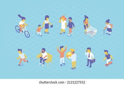 Different cartoon isometric people vector set isolated on white. Male and female characters. Outdoor activity. Flat isometric vector.
