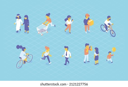 Different cartoon isometric people vector set isolated on white. Male and female characters. Outdoor activity. Flat isometric vector.
