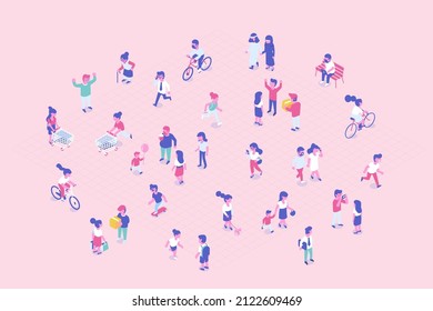 Different cartoon isometric people vector set isolated on white. Male and female characters. Outdoor activity. Flat isometric vector.
