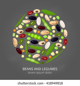 Diferentes legumbres de caricatura en círculo sobre fondo de pizarra. Riñón, lima, marina, negro, arándanos, espárragos, adzuki, pinto, soja, mung, habas verdes, guisantes, garbanzos, lentejas.
