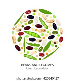 Different cartoon legumes in circle on white background. Kidney, lima, navy, black, cranberry, asparagus, adzuki, pinto, soy, mung, green beans, peas, chickpeas, lentils.