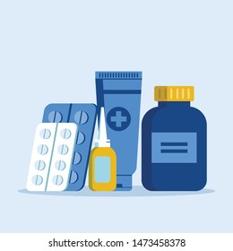 Different Cartoon Medical Pills, Drugs and Bottles Isolated in White. Flat Innovative Medicaments, Tablets in Blisters. Vector Pharmacy and Drugstore Presentation Illustration. Healthcare and Shopping