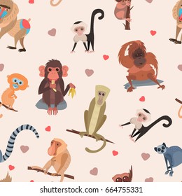 Different cartoon monkey breed character animal wild zoo cute ape chimpanzee vector illustration seamless pattern background