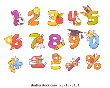 Different cartoon numbers mathematical symbols with comic doodle design set vector illustration. Numeral sign with cute funny educational supply decoration, award and healthy apple snack ornament