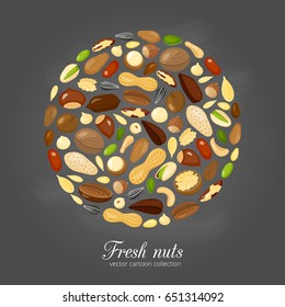 Different cartoon nuts composed in circle shape on chalkboard background.