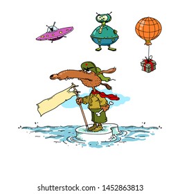 Different Cartoon Objects including Flying saucer, UFO, Robot, Hot Air Baloon Carrying a Gift, Angry Dog with Banner in his Hands, standing on Piece of Ice in the Water. Vector clipart.