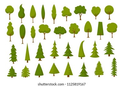 different cartoon park forest pine fir trees set