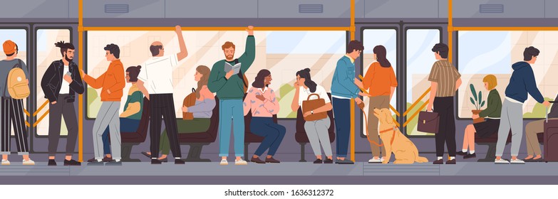 Different cartoon people go by public transport vector flat illustration. Crowd of passengers characters inside city bus. Colored man and woman at train interior