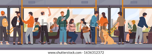 Different cartoon people go by\
public transport vector flat illustration. Crowd of passengers\
characters inside city bus. Colored man and woman at train\
interior