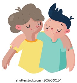 different cartoon people hugging feeling love and positive emotion vector graphic illustration. Collection of friends, couple, teens and married embracing isolated on white background