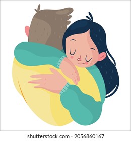 different cartoon people hugging feeling love and positive emotion vector graphic illustration. Collection of friends, couple, teens and married embracing isolated on white background