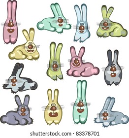 different cartoon rabbits on the white background