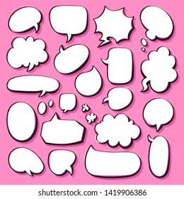 Different cartoon speech bubbles on pink background. Hand drawn shapes. Different doodle forms for your text, dialogs etc.