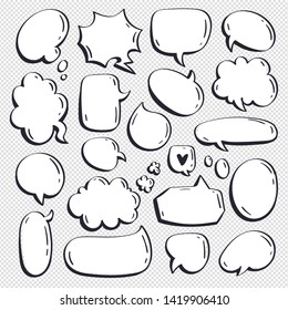 Different cartoon speech bubbles on transparent background. Hand drawn shapes. Different doodle forms for your text, dialogs etc.