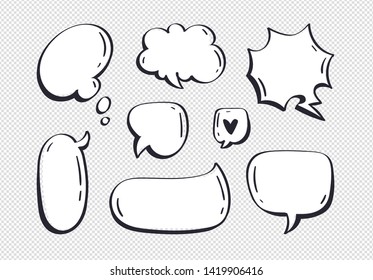 Different cartoon speech bubbles on transparent background. Hand drawn shapes. Different doodle forms for your text, dialogs etc.