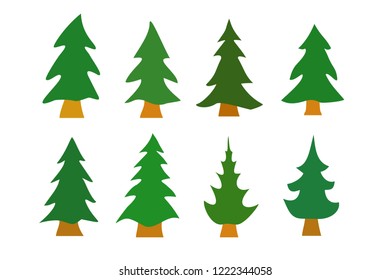 Different cartoon vector images of fir and pine trees for evergreen forest composition