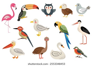 Diferentes desenhos animados de aves domésticas selvagens. Pássaros bonitos criados. Coruja, cisne, cegonha, flamingo, pelicano, tucano, peitinho. 